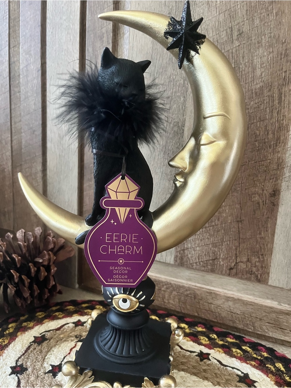 Beautiful Gothic Black Cat on Gold Crescent Moon Halloween Figurine 14”